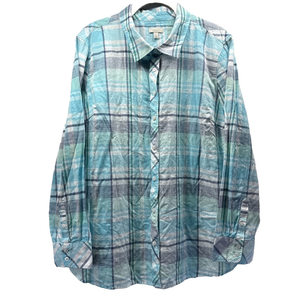 Talbots Women's Top Size XLP Petite Blue Plaid Long Sleeve Button Up 100% Cotton